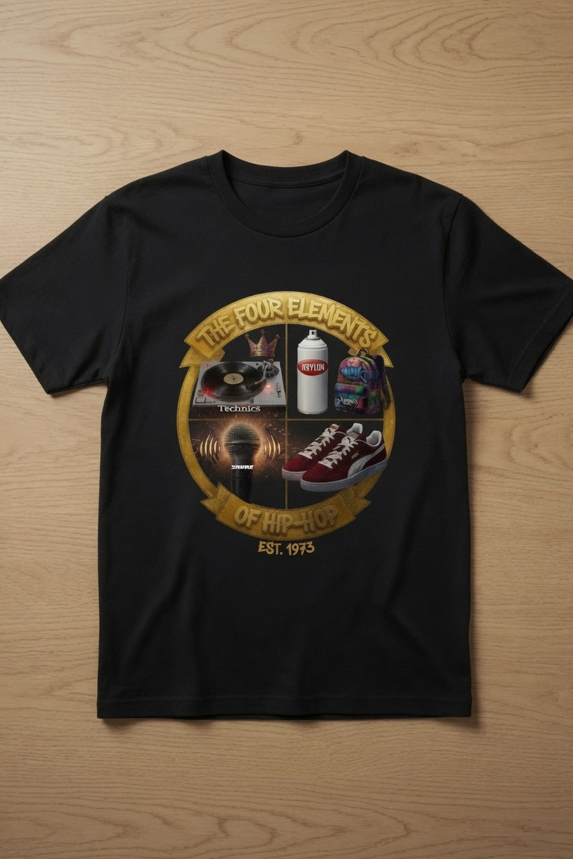 A black short-sleeve t-shirt laid flat on a light wood grain background, featuring a circular graphic print on the chest with the text 'THE FOUR ELEMENTS OF HIFIPop EST. 1993' and illustrations of a vinyl record, spray paint can, headphones, and sneakers.