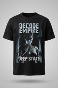 Black t-shirt with graphic design and text 'Decode the Empire Deep State' on a gray background 
