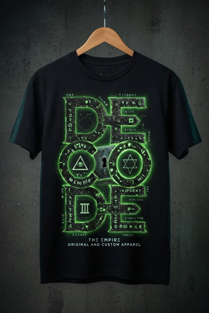 Black t-shirt with green geometric design on a hanger against a dark background