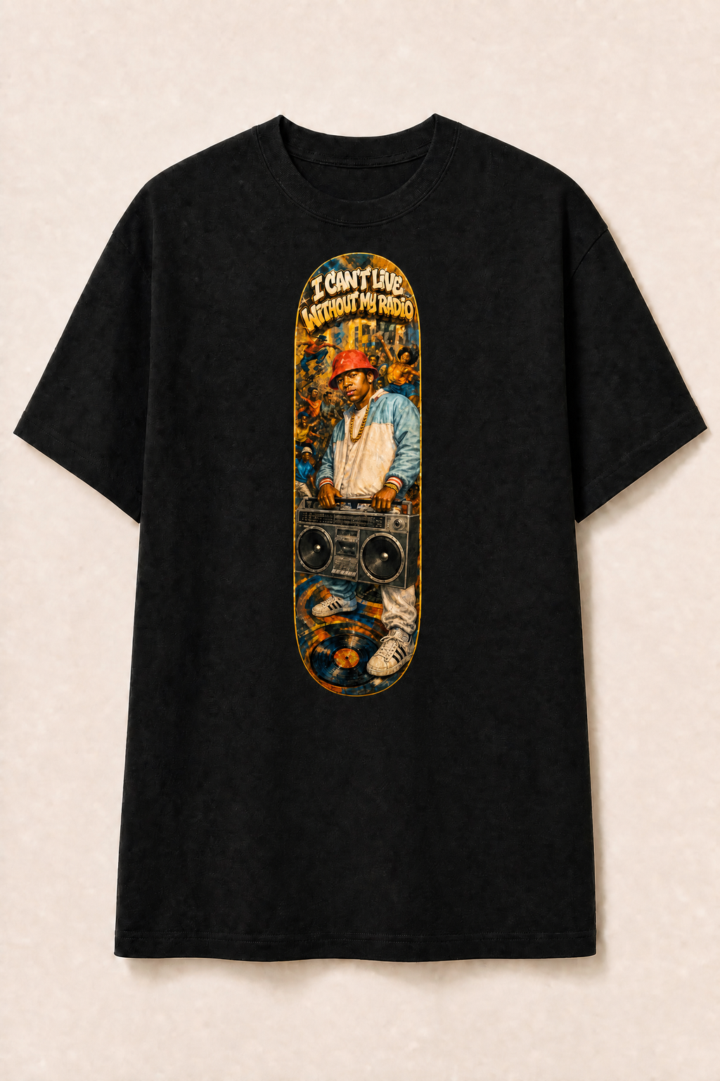 I Can’t Live Without My Radio — Black Graphic T-Shirt with DTE Back Crest
