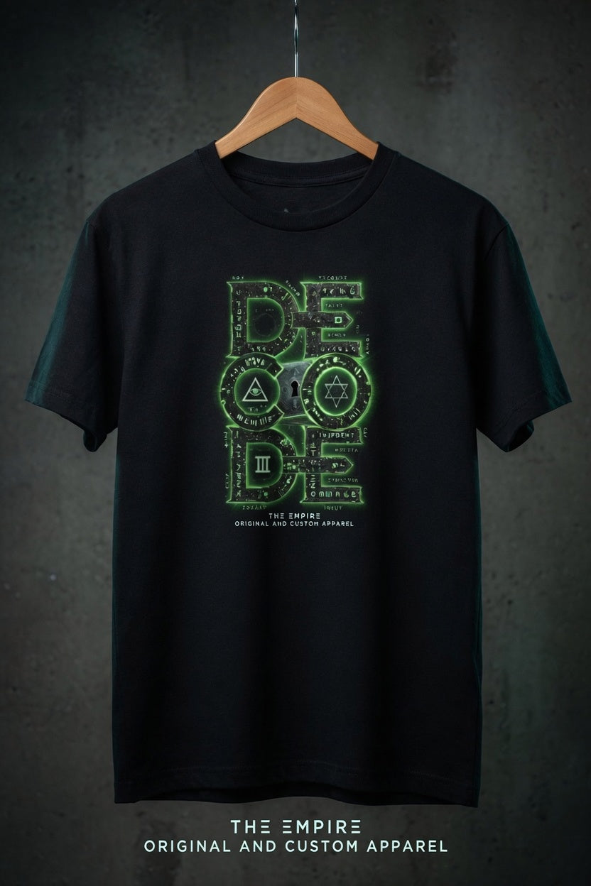 Decode The Empire graphic T-shirt featuring "Everything Has A Code" design in black and white on soft cotton fabric.